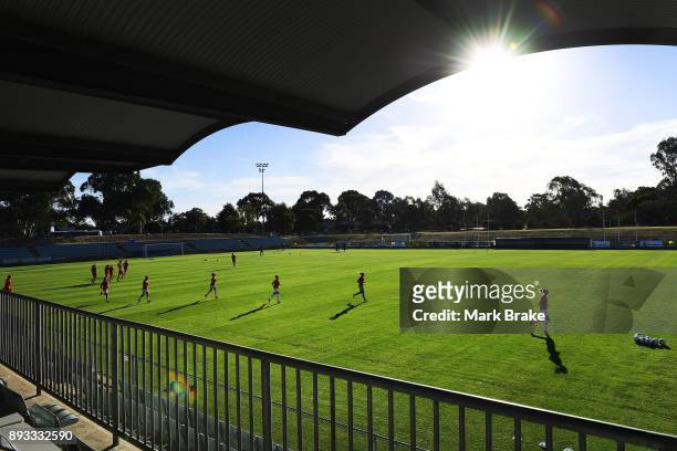Players take the field for warm ups during the round eight W-League match between Adelaide United and the Western Sydney Wanderers at Marden Sports...