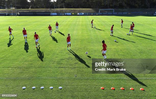 Western Sydney Wanderers warm-up before the round eight W-League match between Adelaide United and the Western Sydney Wanderers at Marden Sports...