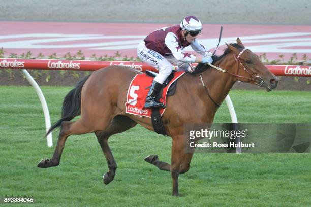 Twitchy Frank ridden by Ethan Brown wins the MMR Creative Agency Handicap at Moonee Valley Racecourse on December 15, 2017 in Moonee Ponds, Australia.