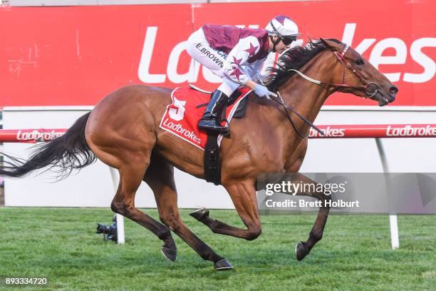 Twitchy Frank ridden by Ethan Brown wins the MMR Creative Agency Handicap at Moonee Valley Racecourse on December 15, 2017 in Moonee Ponds, Australia.