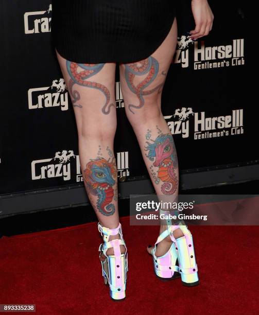 Adult film actress Daizha Morgann, tattoo detail, attends the Crazy Horse III Gentlemen's Club's NEON Flow holiday party on December 14, 2017 in Las...