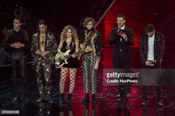 Alessandro Cattelan, Maneskin, Lorenzo Licitra during italian final X Factor 11 on December 14, 2017 at Mediolanum Forum in Assago, Milan, Italy....