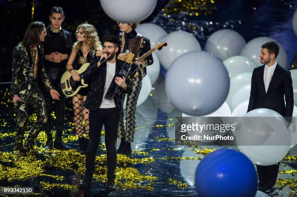 Alessandro Cattelan, Maneskin and Lorenzo Licitra during italian final X Factor 11 on December 14, 2017 at Mediolanum Forum in Assago, Milan, Italy....