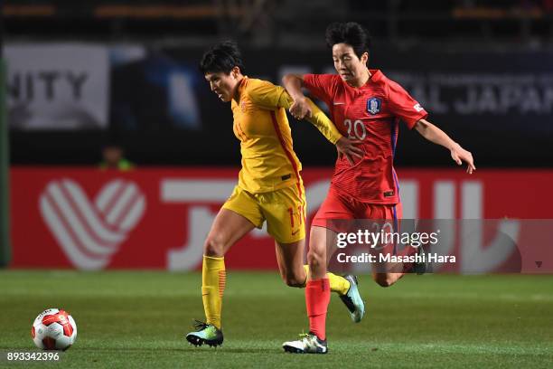 Wang Shanshan of China and Kim Hyeri of South Korea compete for the ball during the EAFF E-1 Women's Football Championship between South Korea and...