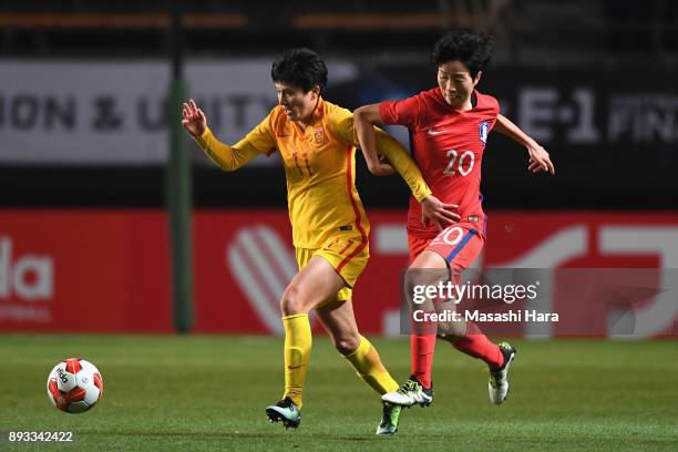 Wang Shanshan of China and Kim Hyeri of South Korea compete for the ball during the EAFF E-1 Women's Football Championship between South Korea and...