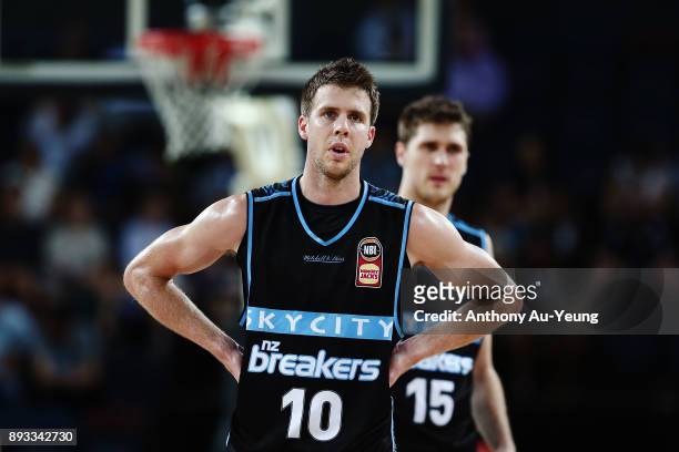 Tom Abercrombie of the Breakers looks on during the round 10 NBL match between the New Zealand Breakers and the Adelaide 36ers at Spark Arena on...