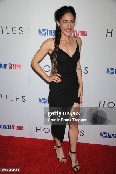 Actress Q'orianka Kilcher attends the premiere of Entertainment Studios Motion Pictures' "Hostiles" held at the Samuel Goldwyn Theater on December...