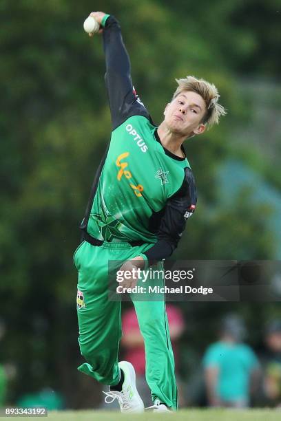 Adam Zampa of the Stars bowls during the Twenty20 BBL practice match between the Melbourne Stars and the Hobart Hurricanes at Traralgon Recreation...