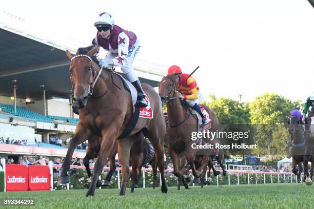 Twitchy Frank ridden by Ethan Brown wins the MMR Creative Agency Handicap at Moonee Valley Racecourse on December 15, 2017 in Moonee Ponds, Australia.