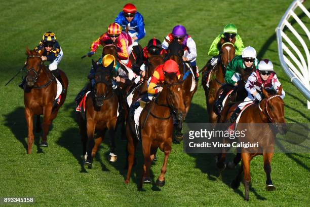 Ethan Brown riding Twitchy Frank leads into the home turn before winning Race 3 during Melbourne Racing at Moonee Valley Racecourse on December 15,...