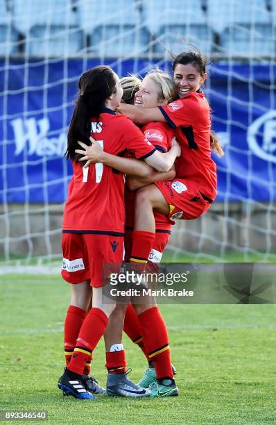 Makenzy Doniak of Adelaide United celebrates scoring a goal during the round eight W-League match between Adelaide United and the Western Sydney...