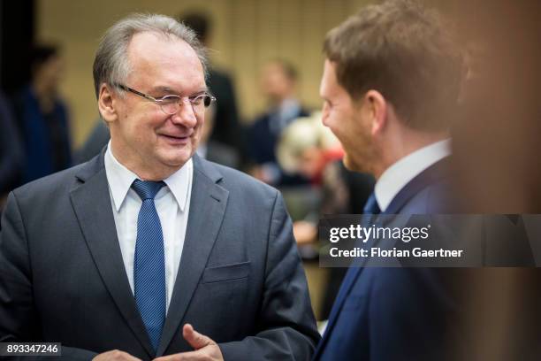 Michael Kretschmer , prime minister of the German State of Saxony, talks with Reiner Haseloff, CDU, prime minister of the German state of...