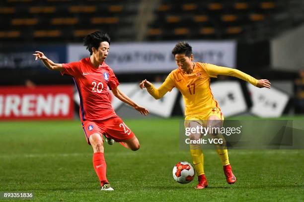 Li Ying of China and Kim Hyeri of South Korea compete for the ball during the EAFF E-1 Women's Football Championship between South Korea and China at...