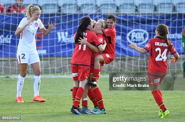 Adelaide United celebrate Makenzy Doniak of Adelaide United equalizer in the first half during the round eight W-League match between Adelaide United...