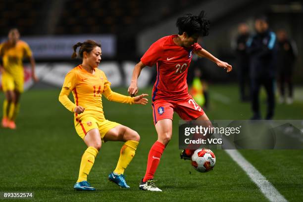 Kim Hye-ri of South Korea controls the ball during the EAFF E-1 Women's Football Championship between South Korea and China at Fukuda Denshi Arena on...