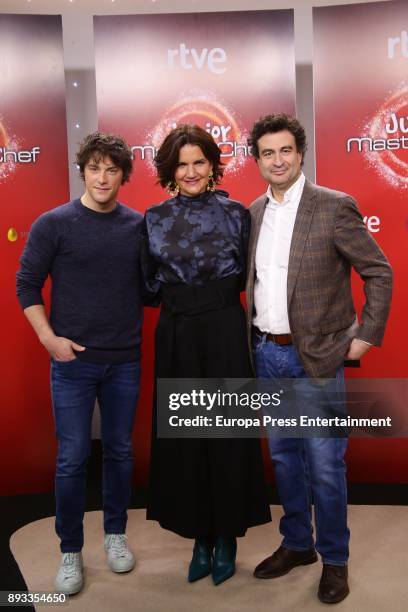 Jordi Cruz, Samantha Vallejo-Nagera and Pepe Rodriguez Rey attend the presentation of a new seson of 'Masterchef Junior' at TVE studios on December...