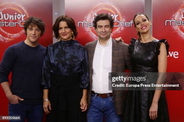 Jordi Cruz, Pepe Rodriguez Rey, Samantha Vallejo-Nagera and Eva Gonzalez attend the presentation of a new seson of 'Masterchef Junior' at TVE studios...