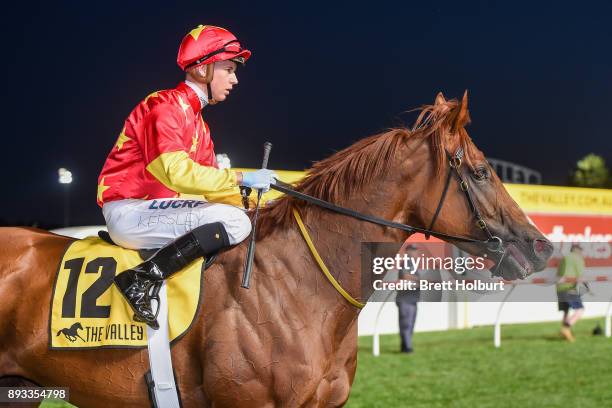 Fred Kersley returns to the mounting yard on Pirapala after winning the IGA Supermarkets Handicap at Moonee Valley Racecourse on December 15, 2017 in...