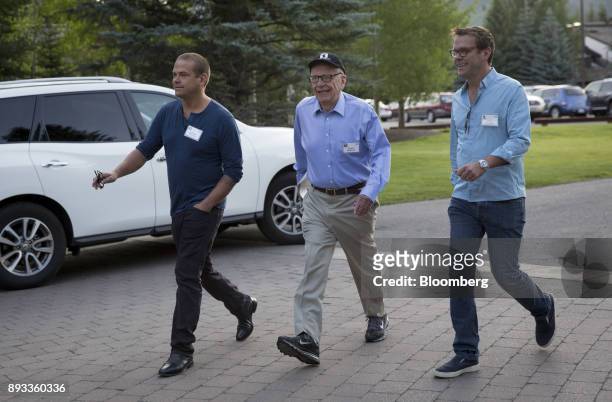 Lachlan Murdoch, a board member of News Corp., from left, Rupert Murdoch, chairman and chief executive officer of News Corp., and James Murdoch,...