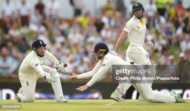 Mark Stoneman and Jonny Bairstow of England fail to catch Shaun Marsh of Australia during the second day of the third Ashes cricket test match...