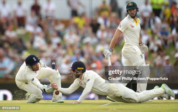 Mark Stoneman and Jonny Bairstow of England fail to catch Shaun Marsh of Australia during the second day of the third Ashes cricket test match...