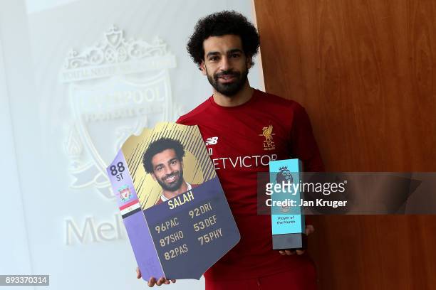 Mohamed Salah is Awarded the EA SPORTS Player of the Month for November at Melwood Training Ground on December 14, 2017 in Liverpool, England.