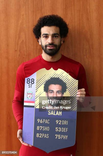 Mohamed Salah is Awarded the EA SPORTS Player of the Month for November at Melwood Training Ground on December 14, 2017 in Liverpool, England.