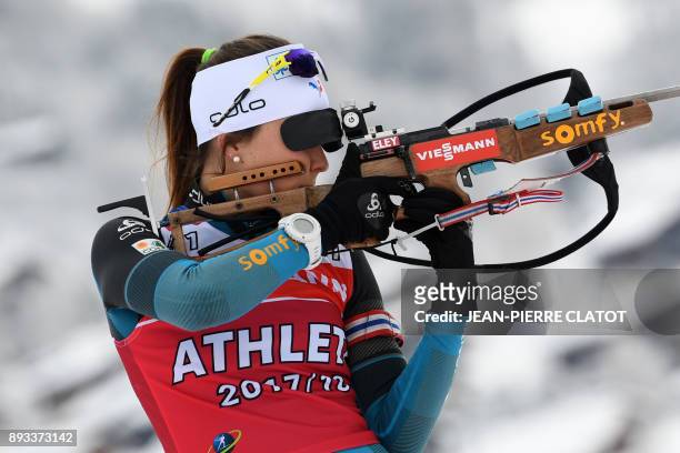 France's Chloe Chevalier takes part in a training session during the IBU World Cup Biathlon in Le Grand Bornand on December 15, 2017. / AFP PHOTO /...