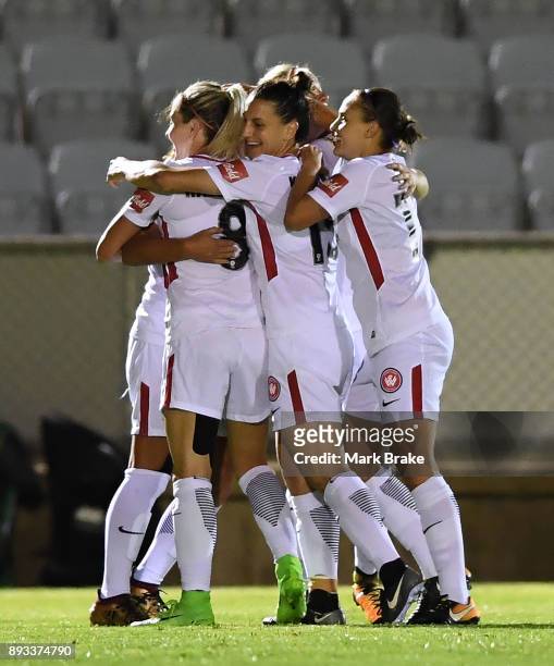 Lee Falkon of Western Sydney Wanderers FC celebrates scoring in the second half during the round eight W-League match between Adelaide United and the...