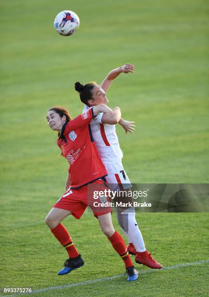 Laura Johns of Adelaide United and Alix Roberts of Western Sydney Wanderers FC during the round eight W-League match between Adelaide United and the...