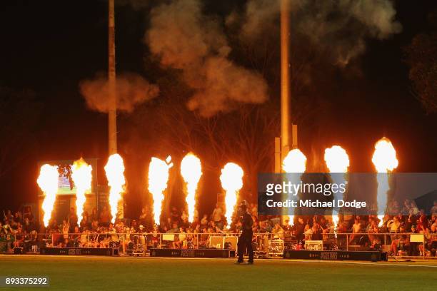 Fireworks light up during the Twenty20 BBL practice match between the Melbourne Stars and the Hobart Hurricanes at Traralgon Recreation Reserve on...