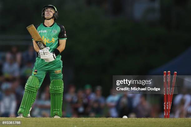 Seb Gotch of the Stars reacts after being owled during the Twenty20 BBL practice match between the Melbourne Stars and the Hobart Hurricanes at...