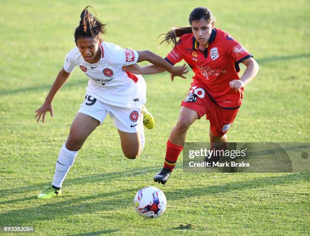 Rasamee Phonsongkham of Western Sydney Wanderers FC and Alexandra Chidiac of Adelaide United during the round eight W-League match between Adelaide...