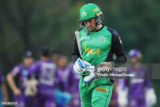 Ben Dunk of the Stars looks dejected after dismissal during the Twenty20 BBL practice match between the Melbourne Stars and the Hobart Hurricanes at...
