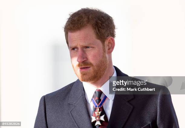 Prince Harry attends The Sovereign's Parade at Royal Military Academy Sandhurst on December 15, 2017 in Camberley, England.