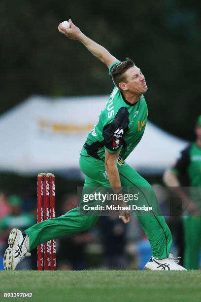 James Faulkner of the Stars bowls during the Twenty20 BBL practice match between the Melbourne Stars and the Hobart Hurricanes at Traralgon...