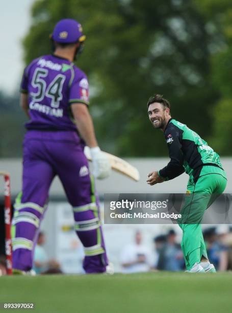 Glenn Maxwell of the Stars reacts at Dan Christian of the Hurricanes after he fields a ball when bowling to him during the Twenty20 BBL practice...