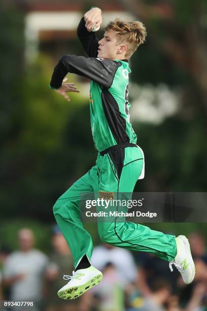 Adam Zampa of the Stars bowls during the Twenty20 BBL practice match between the Melbourne Stars and the Hobart Hurricanes at Traralgon Recreation...
