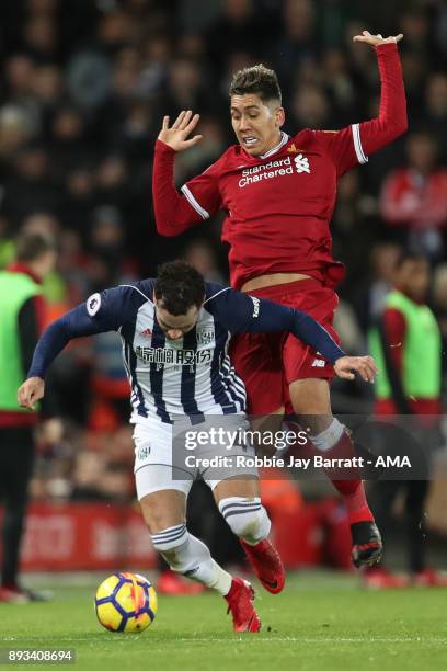 Hal Robson-Kanu of West Bromwich Albion and Roberto Firmino of Liverpool during the Premier League match between Liverpool and West Bromwich Albion...
