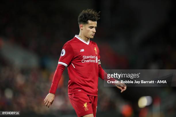 Philippe Coutinho of Liverpool during the Premier League match between Liverpool and West Bromwich Albion at Anfield on December 13, 2017 in...