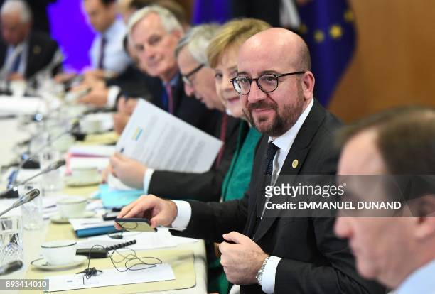 Belgium's Prime minister Charles Michel takes part with fellow EU leaders in a meeting with EU's chief Brexit negotiator, on the second day of a...