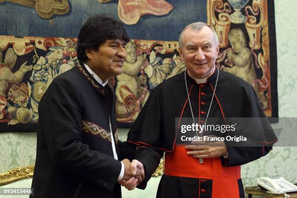 Vatican Secretary of State cardinal Pietro Parolin meets President of Bolivia Juan Evo Morales Ayma at the Apostolic Palace on December 15, 2017 in...