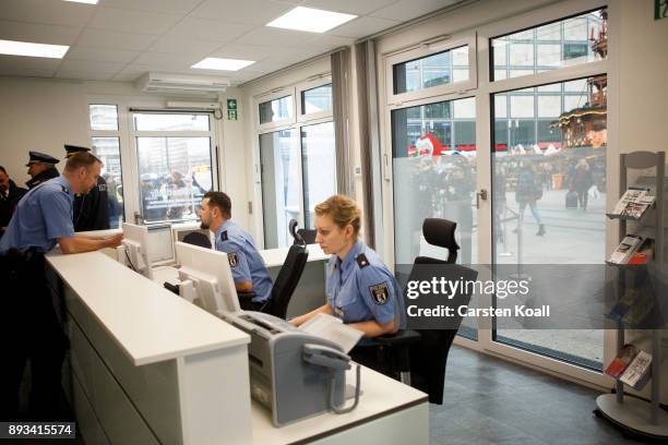 Police start to work in a new police station shortly after the inauguration at Alexanderplatz on December 15, 2017 in Berlin, Germany....