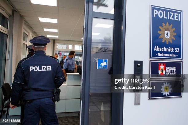 Police enter a new police station shortly after the inauguration at Alexanderplatz on December 15, 2017 in Berlin, Germany. Alexanderplatz, at the...