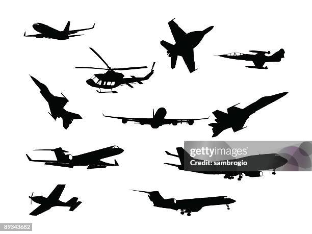 stockillustraties, clipart, cartoons en iconen met different silhouettes of various aircraft white background - bedrijfsvliegtuig