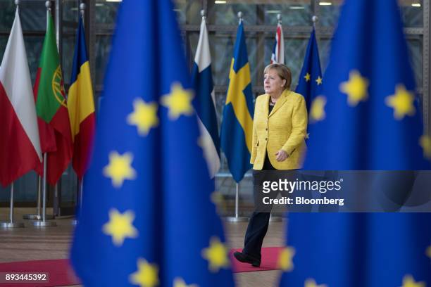 Angela Merkel, Germany's chancellor, arrives at a European Union leaders summit at the Europa Building in Brussels, Belgium, on Thursday, Dec. 14,...
