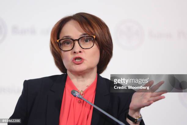 Elvira Nabiullina, Russia's central bank governor, gestures as she speaks during a news conference to announce interest rates in Moscow, Russia, on...