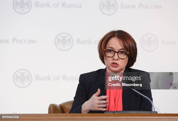 Elvira Nabiullina, Russia's central bank governor, gestures as she speaks during a news conference to announce interest rates in Moscow, Russia, on...