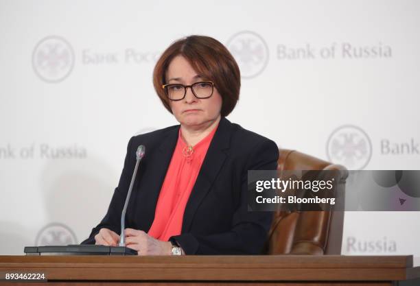 Elvira Nabiullina, Russia's central bank governor, pauses during a news conference to announce interest rates in Moscow, Russia, on Friday, Dec. 15,...