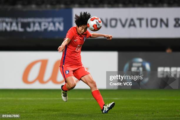 Kim Hyeri of South Korea heads the ball during the EAFF E-1 Women's Football Championship between South Korea and China at Fukuda Denshi Arena on...